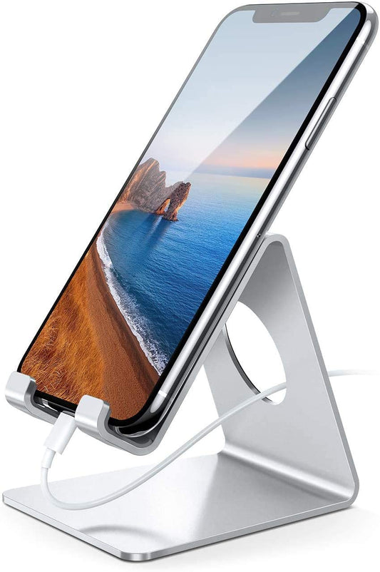 Premium Desk Phone Stand and Charging Dock - Compatible with iPhone 12 Mini, 11 Pro, XS Max, XR, X, 8, 7, 6 Plus, SE, and All Smartphones - Silver