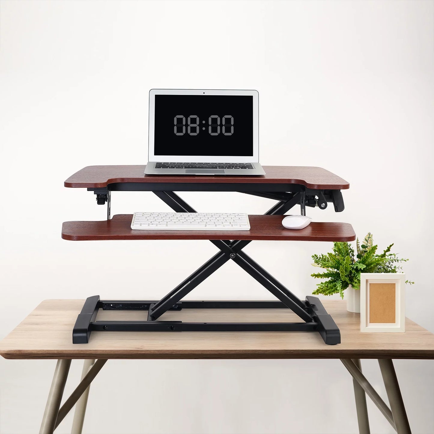 Home Office Height Adjustable Standing Desk Converter Mahogany 28" U-Shape with Keyboard Tray