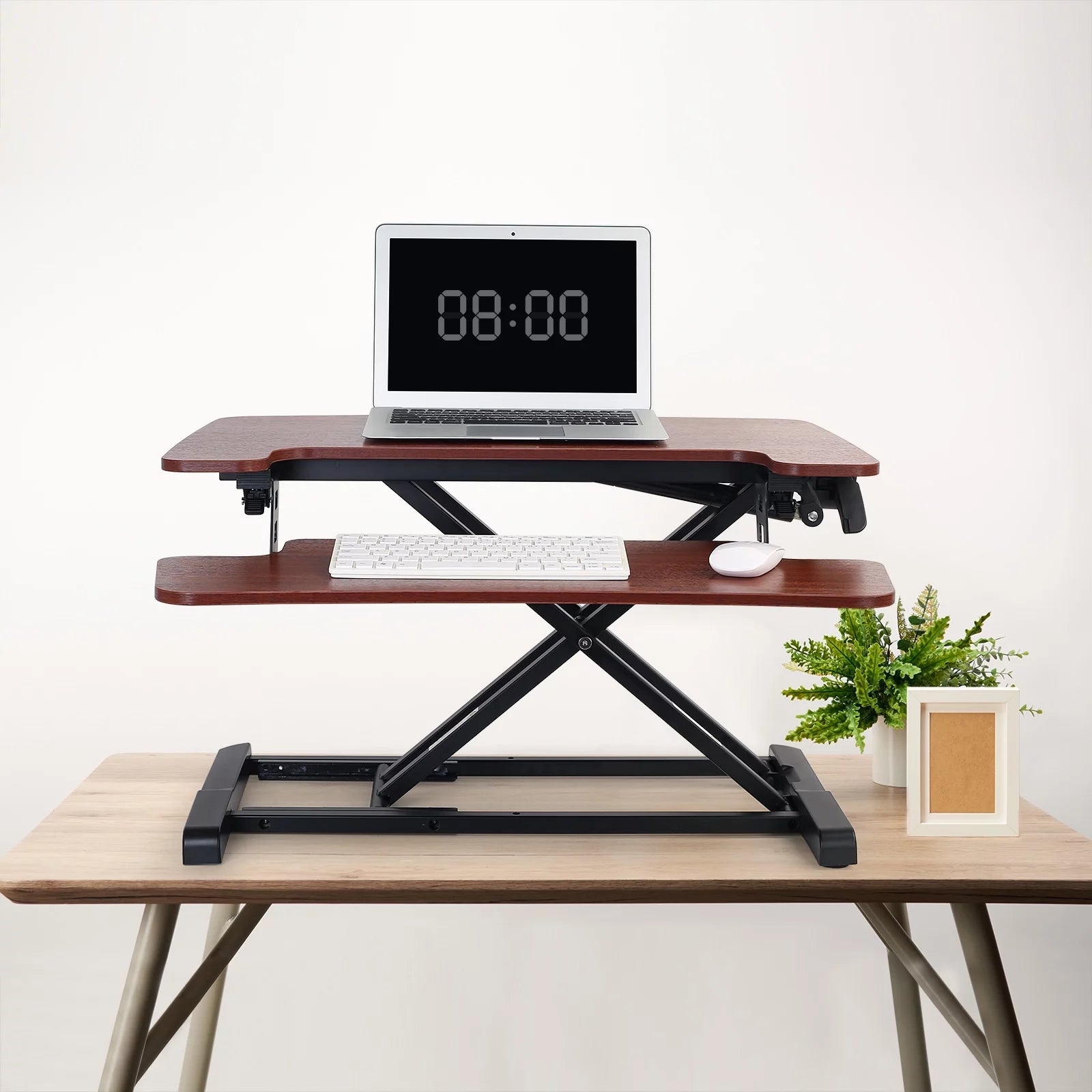 Home Office Height Adjustable Standing Desk Converter Mahogany 28" U-Shape with Keyboard Tray