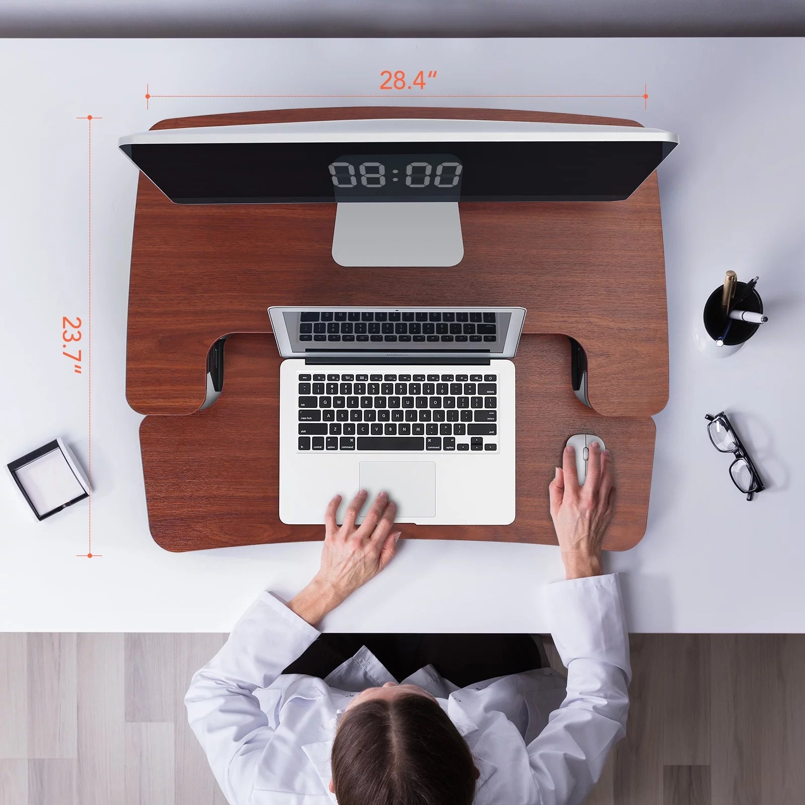 Home Office Height Adjustable Standing Desk Converter Mahogany 28" U-Shape with Keyboard Tray