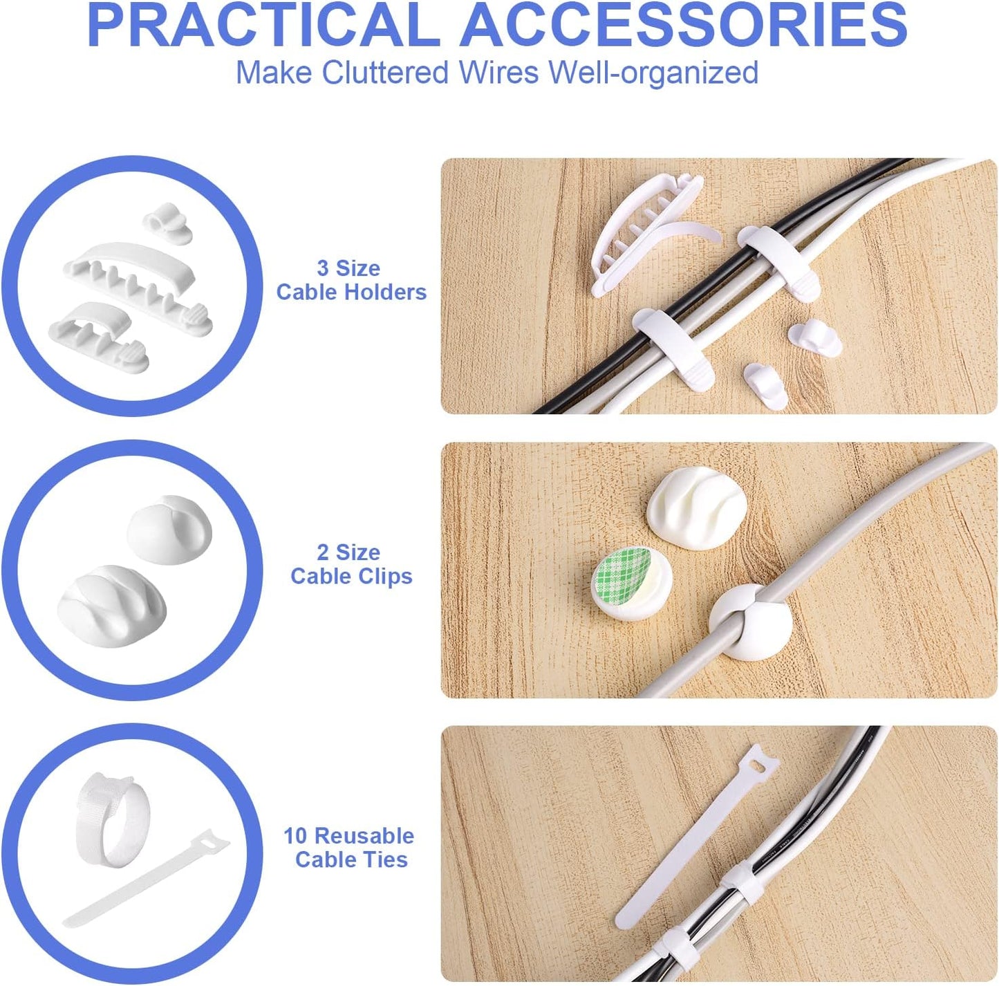 Cable Organization Kit (White) - Cable Clips For Desk - Box For Power Strips - Cable Ties