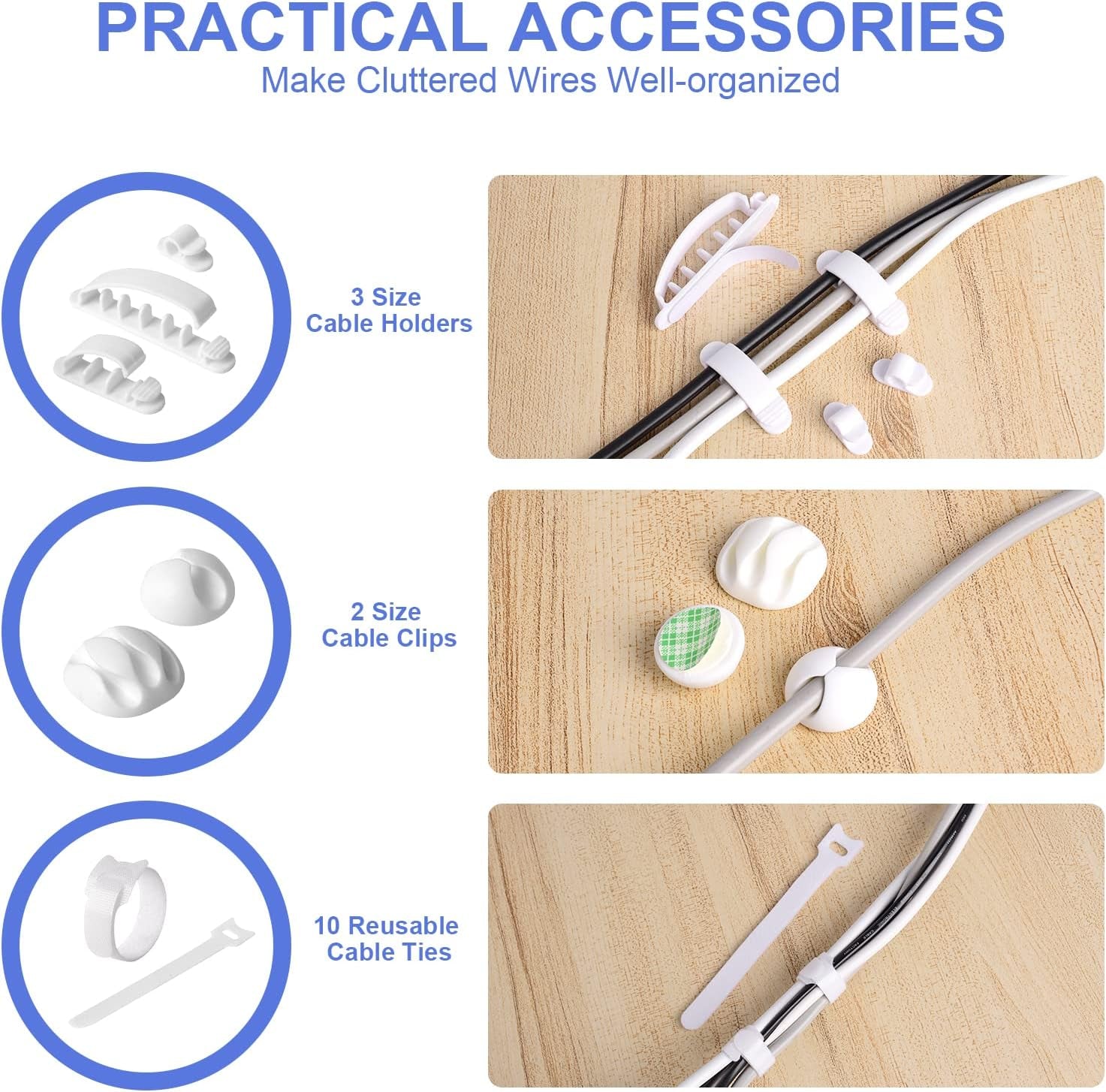 Cable Organization Kit (White) - Cable Clips For Desk - Box For Power Strips - Cable Ties