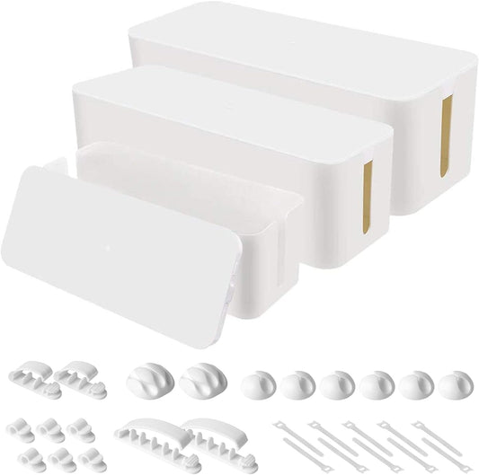 Cable Organization Kit (White) - Cable Clips For Desk - Box For Power Strips - Cable Ties