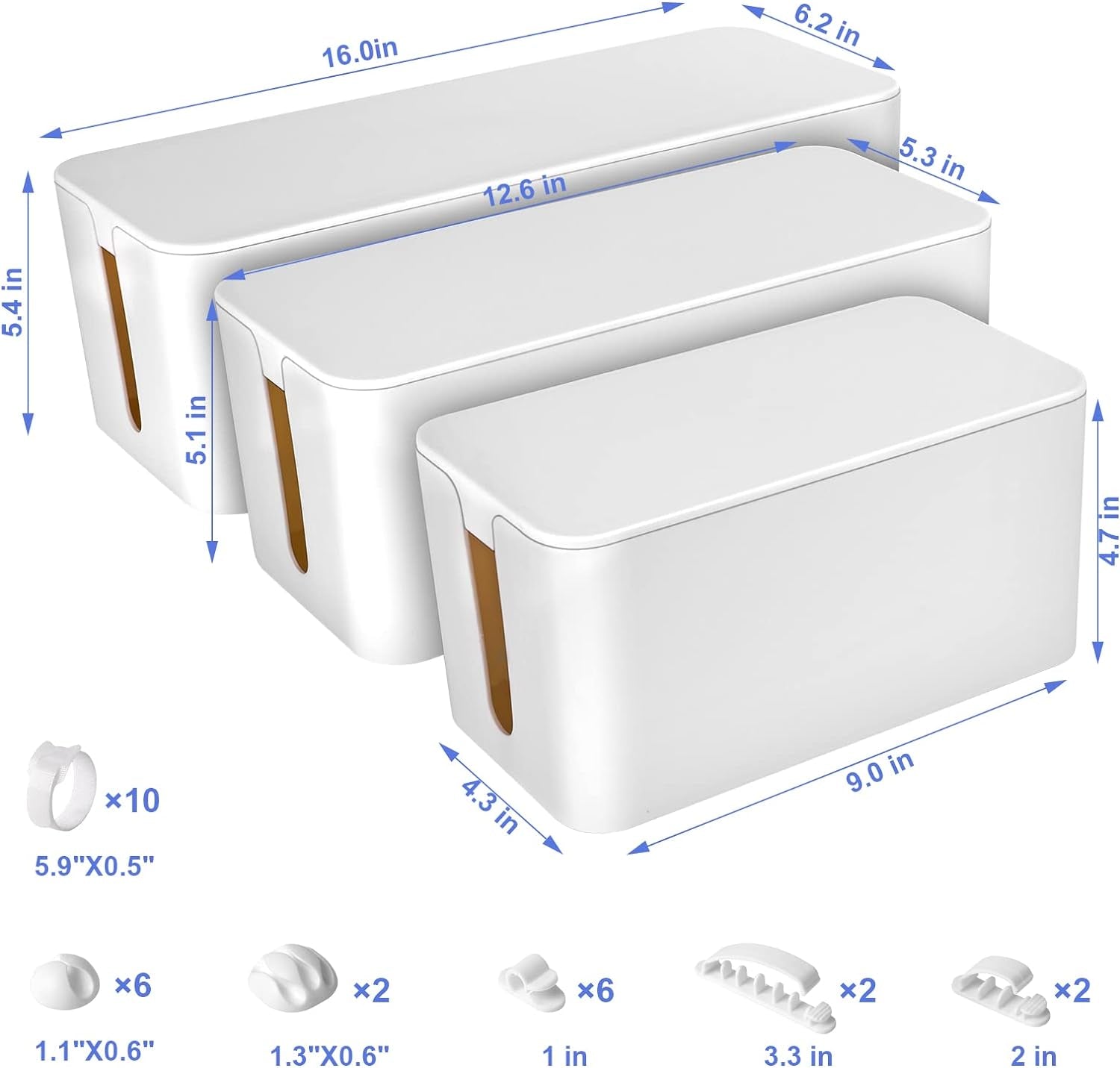 Cable Organization Kit (White) - Cable Clips For Desk - Box For Power Strips - Cable Ties