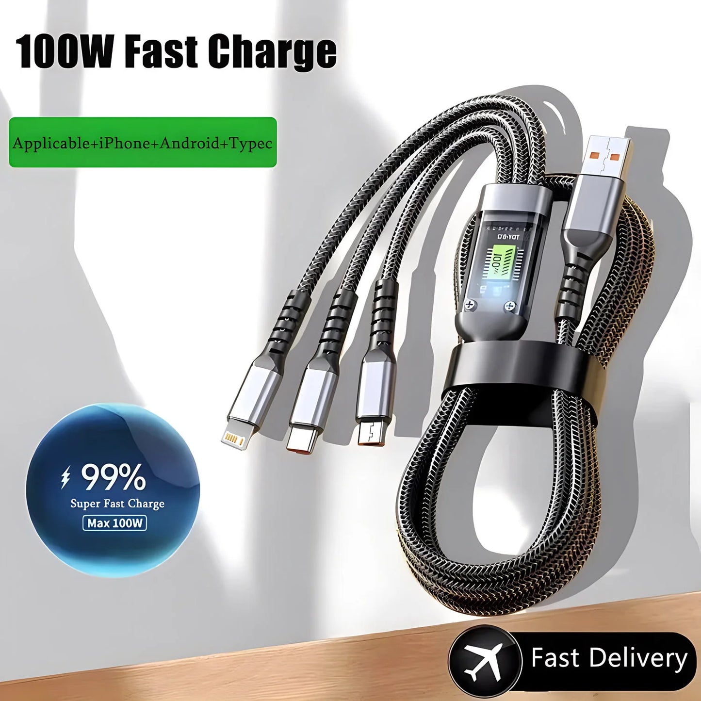 Transparent Luminous 3-in-1 Universal Fast Charging Cable for iPhone 15/14/13 with Type-C and Micro USB Compatibility